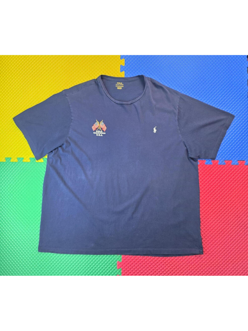 Polo Ralph Lauren Cross Flags Logo Embroidered Navy Blue T Shirt Mens Size 3XLT